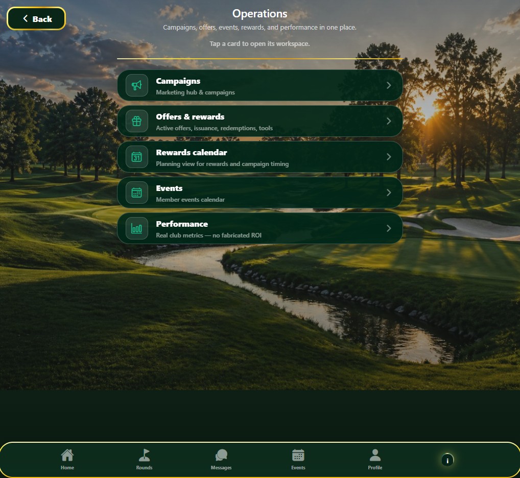 Club operations hub menu