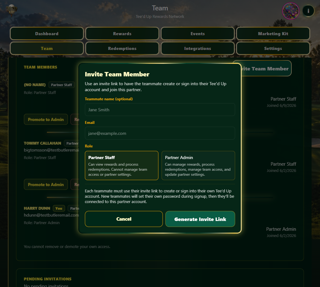 Partner team management and invites